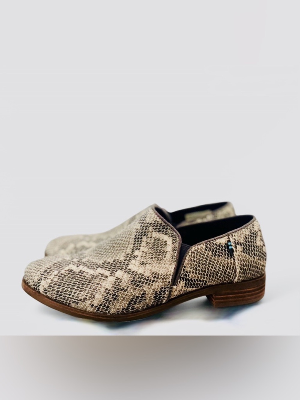 Toms Women's Snake Print Slip-On Shaye Booties in Taupe and Cream 8
